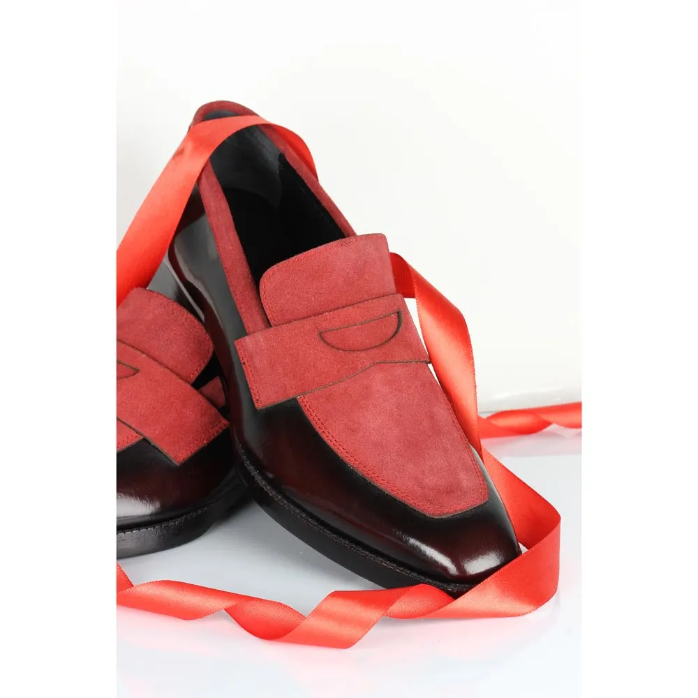 Burgundy Brushed   Suede Detailed Evening Penny Loafers