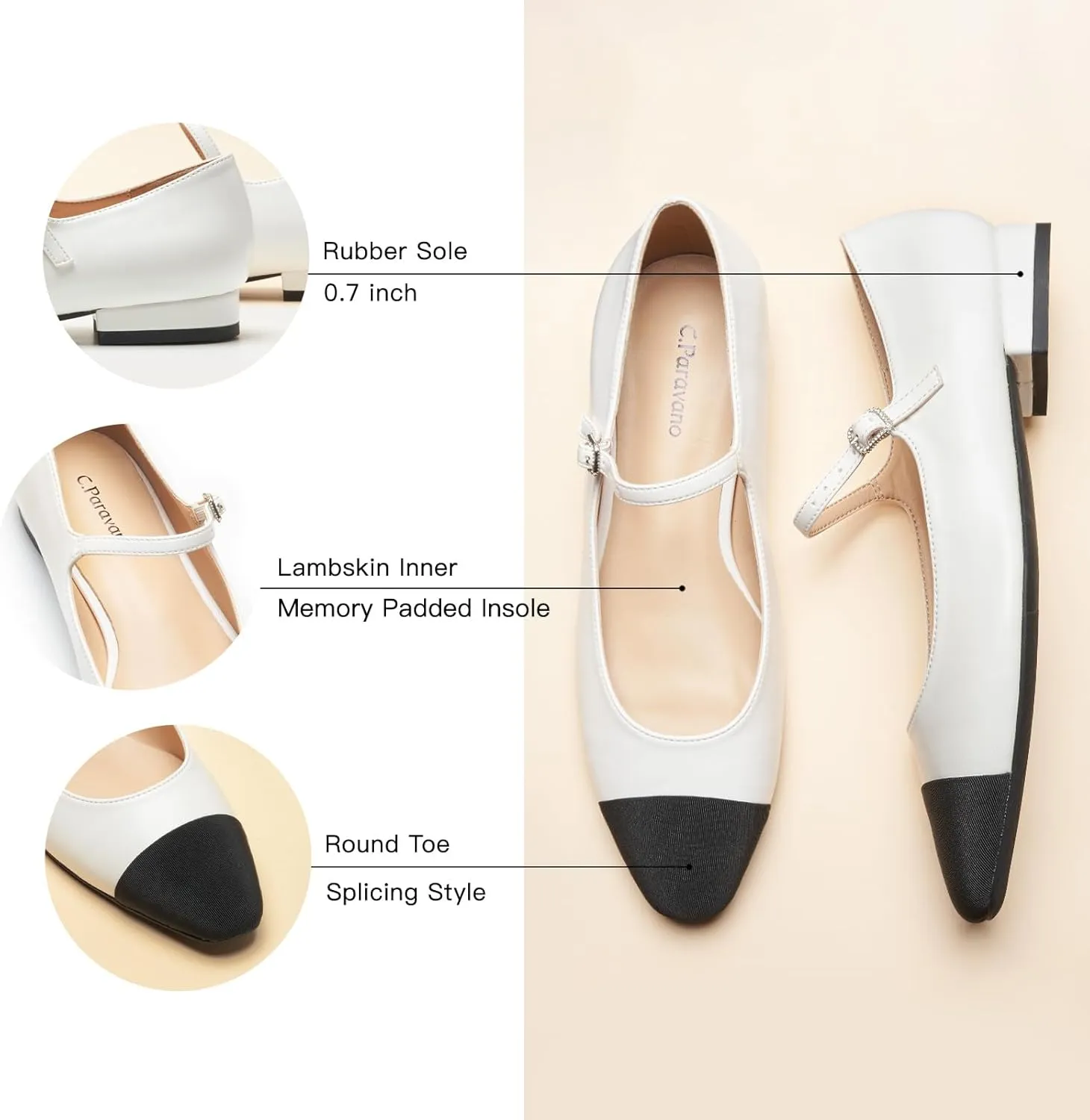 C. Paravano Women's Mary Jane Flats | Round Toe Leather Ballet Flats with Adjustable Strap, Dressy and Casual Shoes for Office,Travel,Bridal, Church,Business Meetings & Daily Wear