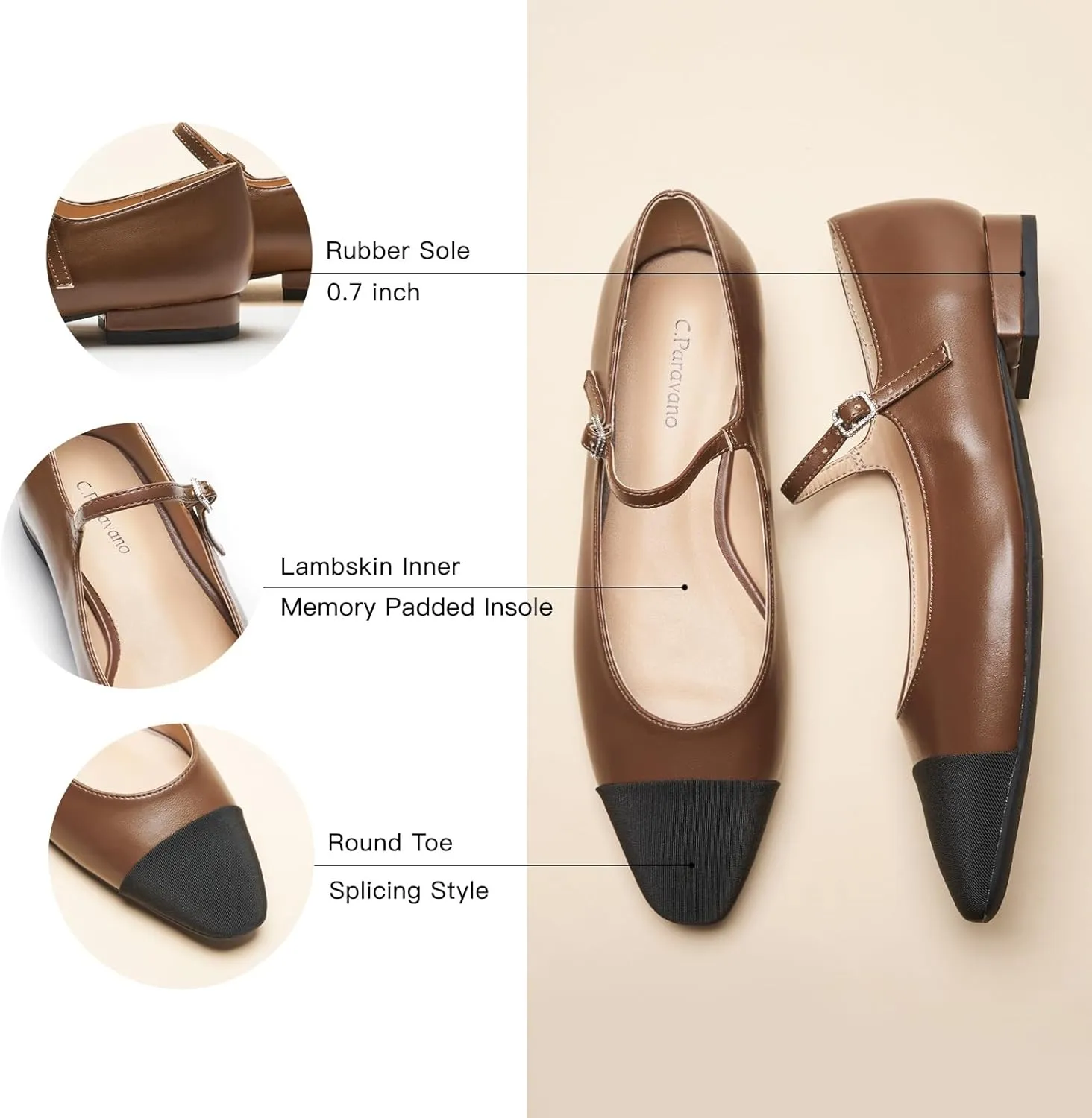 C. Paravano Women's Mary Jane Flats | Round Toe Leather Ballet Flats with Adjustable Strap, Dressy and Casual Shoes for Office,Travel,Bridal, Church,Business Meetings & Daily Wear
