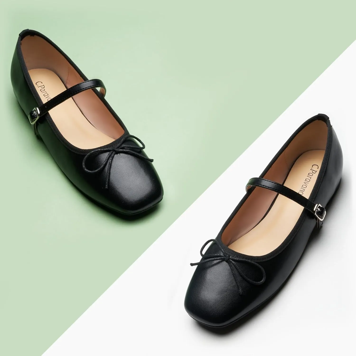 C. Paravano Women's Mary Jane Flats - Square Toe Bowknot Ballet Flats with Adjustable Strap, Comfortable Flats for Women, Office Work, Casual Walking and Dressy Occasions