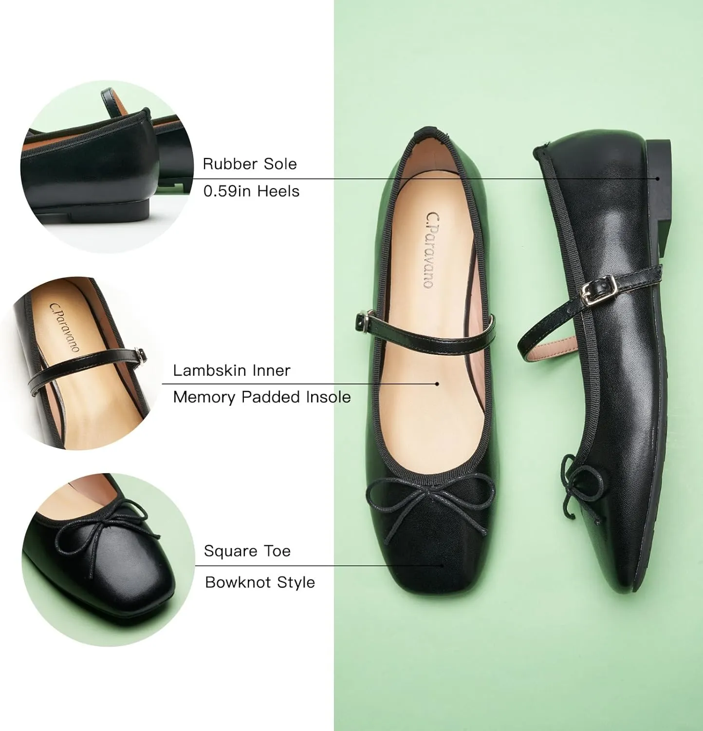 C. Paravano Women's Mary Jane Flats - Square Toe Bowknot Ballet Flats with Adjustable Strap, Comfortable Flats for Women, Office Work, Casual Walking and Dressy Occasions