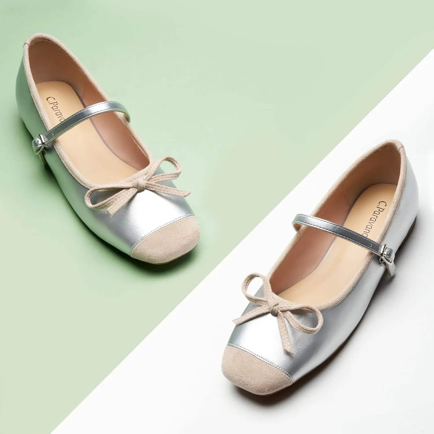 C. Paravano Women's Mary Jane Flats - Square Toe Bowknot Ballet Flats with Adjustable Strap, Comfortable Flats for Women, Office Work, Casual Walking and Dressy Occasions