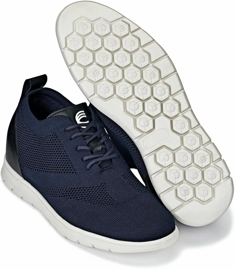 CALTO Men's Invisible Height Increasing Elevator Shoes - Night Blue/Black Ultra Light-Weight Lace-up Knitted Sporty Walker - 2.4 Inches Taller - X2214 - Size 7 D(M) US