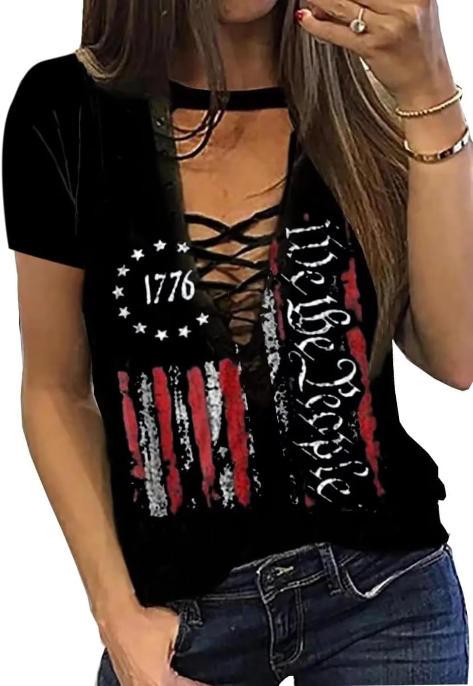 Camouflage American Flag Lace Up Blouse Women 4th of July Flag Short Sleeve USA Patriotic Printed Shirt Tops Casual Shirt