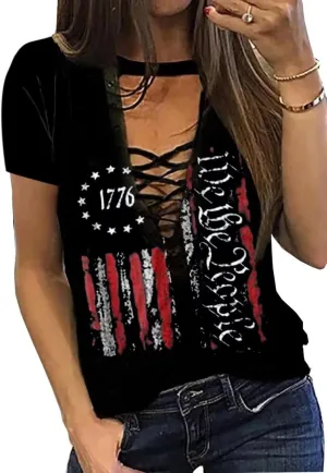 Camouflage American Flag Lace Up Blouse Women 4th of July Flag Short Sleeve USA Patriotic Printed Shirt Tops Casual Shirt