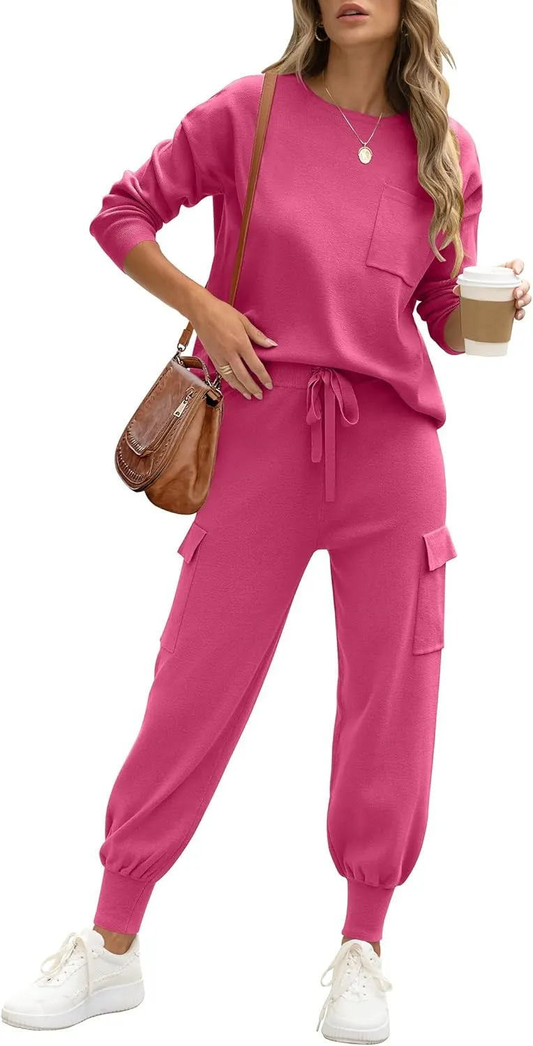 Caracilia Women's Two Piece Outfits Sweater Sets Long Sleeve Knit Tops Matching Cargo Jogger Pants 2024 Fall Lounge Sets