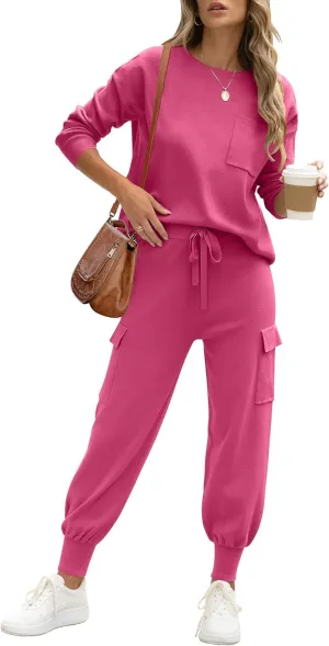 Caracilia Women's Two Piece Outfits Sweater Sets Long Sleeve Knit Tops Matching Cargo Jogger Pants 2024 Fall Lounge Sets