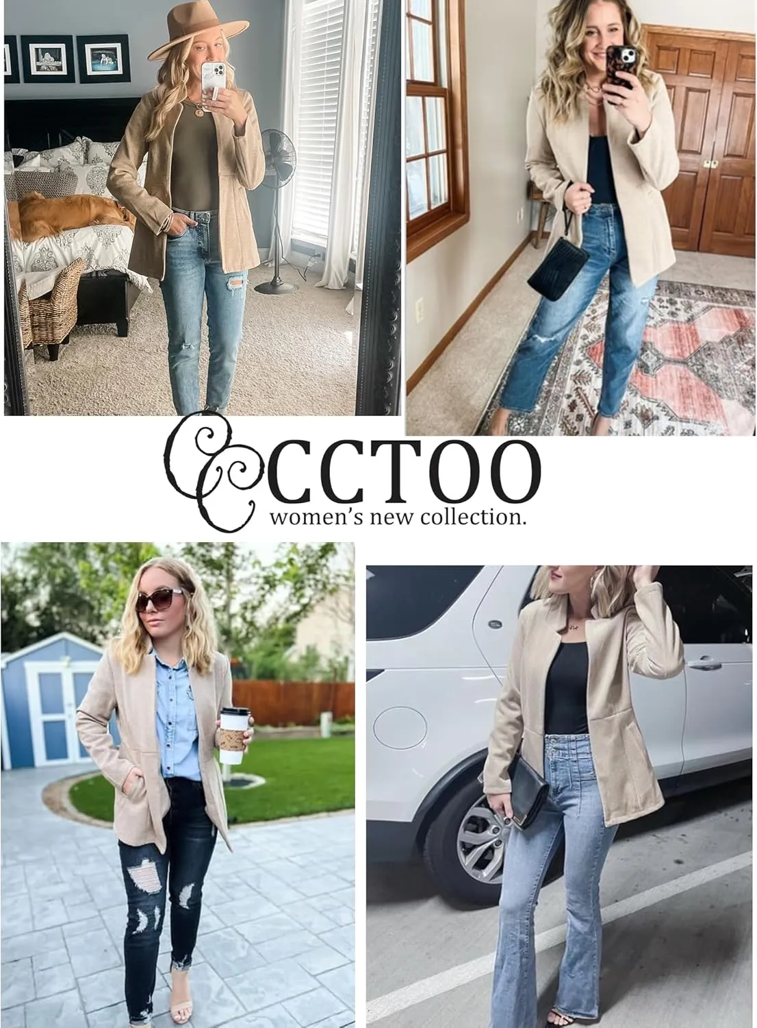 CCTOO Women's Coat Casual Open Front Blazer Long Sleeve Stand Collar Solid Trench Business Work Office Jacket Outwear