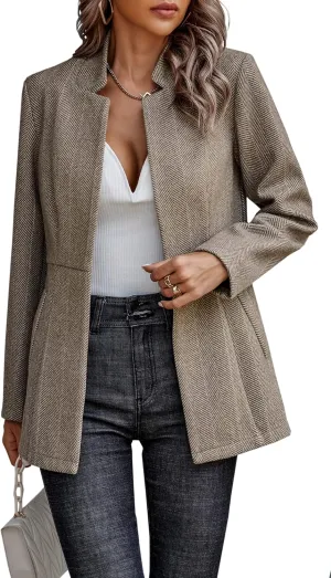 CCTOO Women's Coat Casual Open Front Blazer Long Sleeve Stand Collar Solid Trench Business Work Office Jacket Outwear