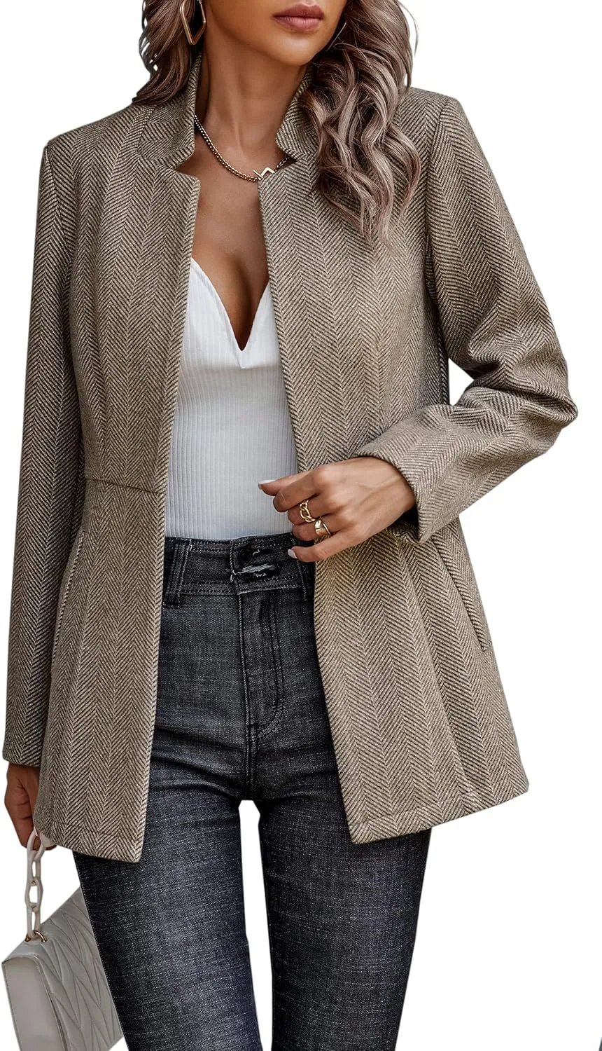CCTOO Women's Coat Casual Open Front Blazer Long Sleeve Stand Collar Solid Trench Business Work Office Jacket Outwear