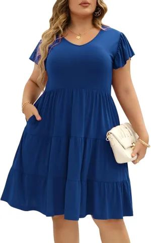 Celkuser Plus Size Casual Summer Dresses Curvy Womens Elastic Waist Tiered A Line Ruffle Hem Dress with Pockets