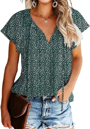 CERYIWER Women's Short Sleeve Casual Shirts Boho Floral Print V Neck Tops Loose Blouses