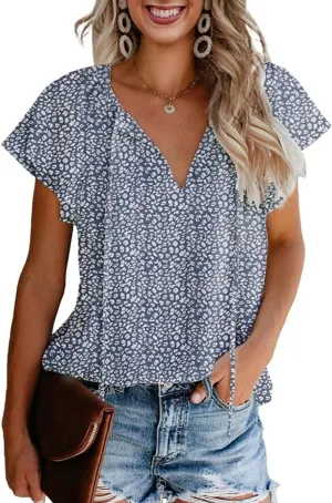 CERYIWER Women's Short Sleeve Casual Shirts Boho Floral Print V Neck Tops Loose Blouses
