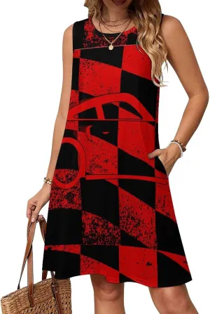Chequered Race Flag with Car Women's Summer Dress Sleeveless Casual Loose Beach Vacation Tank Sundress