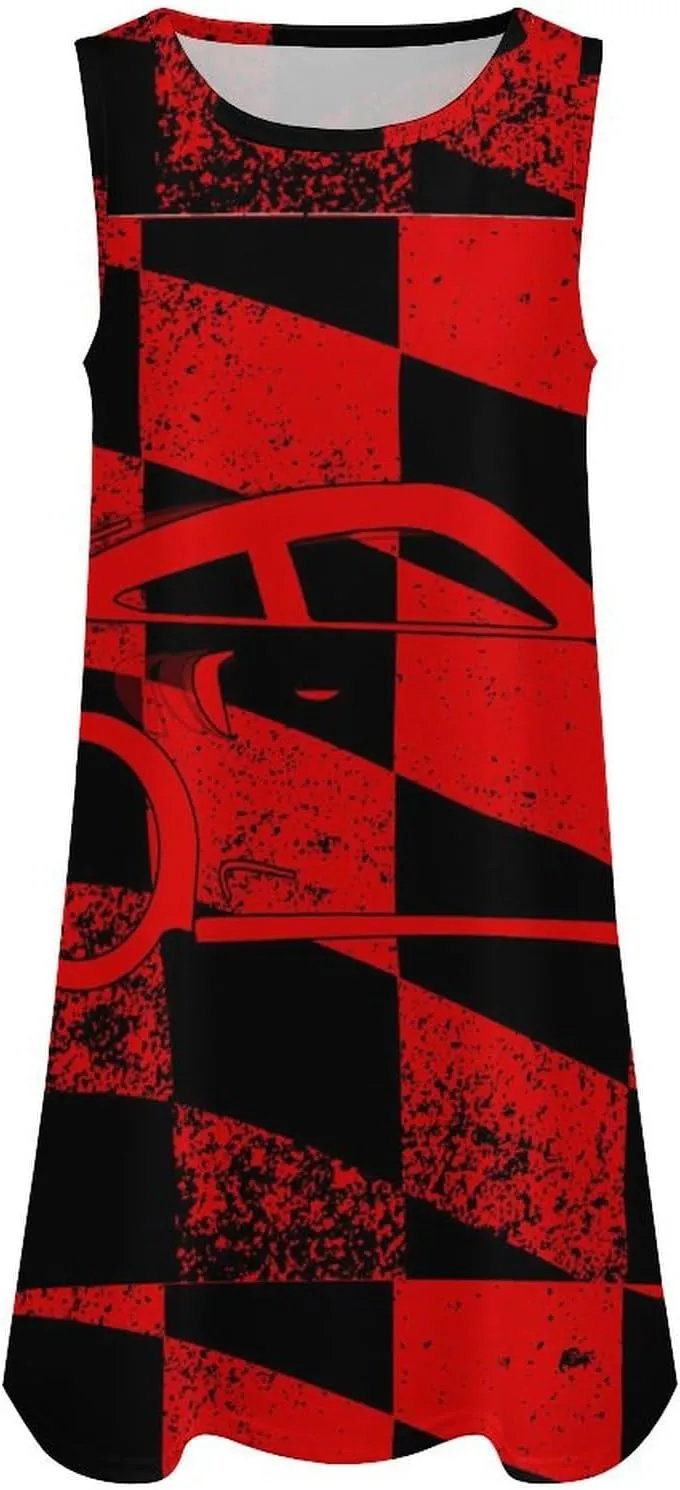 Chequered Race Flag with Car Women's Summer Dress Sleeveless Casual Loose Beach Vacation Tank Sundress