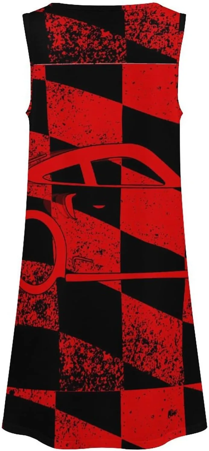 Chequered Race Flag with Car Women's Summer Dress Sleeveless Casual Loose Beach Vacation Tank Sundress