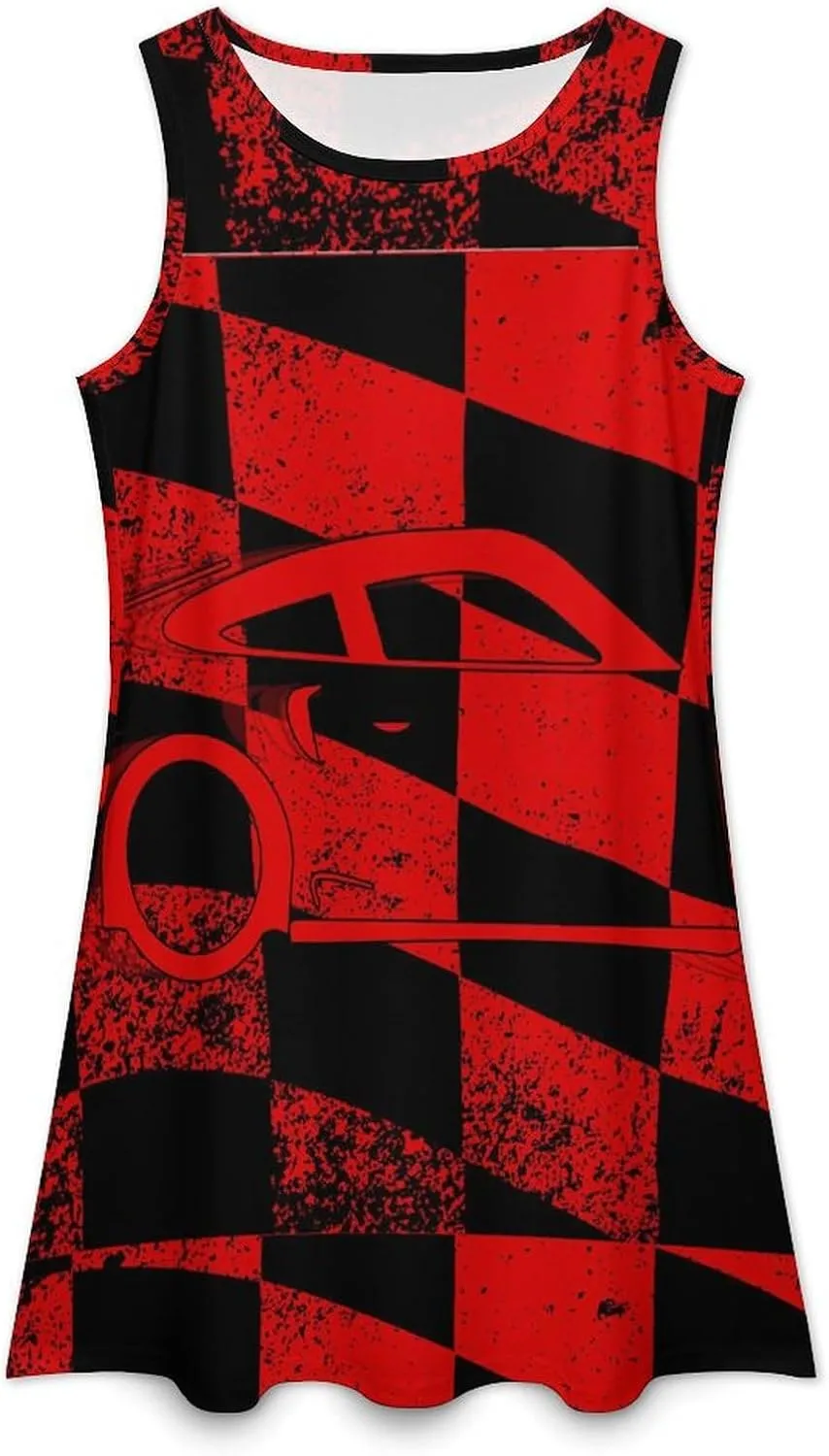 Chequered Race Flag with Car Women's Summer Dress Sleeveless Casual Loose Beach Vacation Tank Sundress