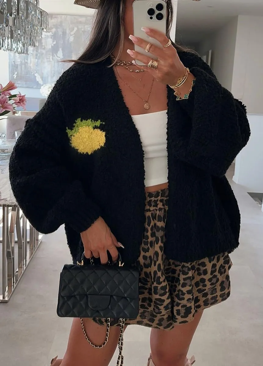 chouyatou Women's Cute Lemon Letter Pattern Cardigan Open Front Jacquard Knitted Sweater Cardigan