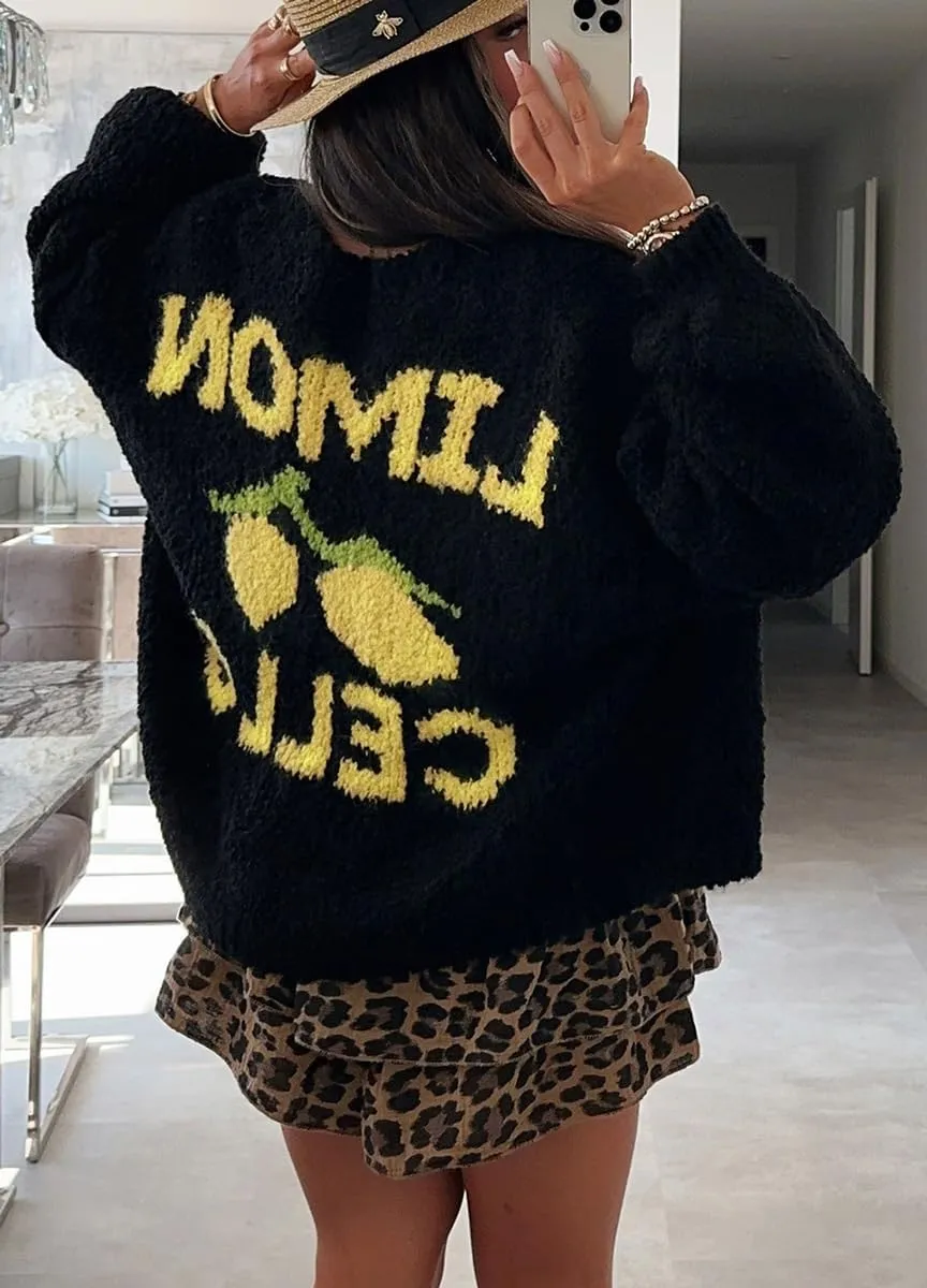 chouyatou Women's Cute Lemon Letter Pattern Cardigan Open Front Jacquard Knitted Sweater Cardigan