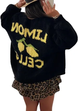 chouyatou Women's Cute Lemon Letter Pattern Cardigan Open Front Jacquard Knitted Sweater Cardigan