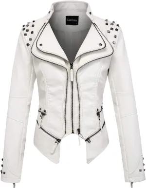 chouyatou Women's Fashion Studded Perfectly Shaping Faux Leather Biker Jacket