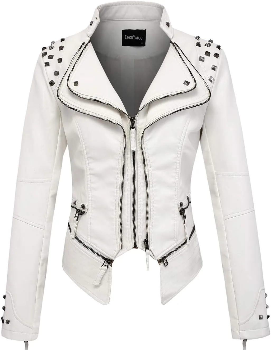 chouyatou Women's Fashion Studded Perfectly Shaping Faux Leather Biker Jacket
