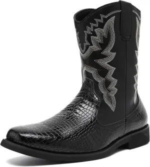 CHUUMEE Cowboy Boots for Men Western Boot Fashion Crocodile Pattern Square Toe Side Zipper Leather Mid-Calf Boots