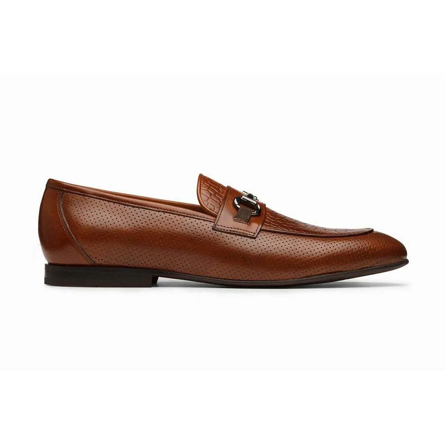 Cognac Punched Croco Buckle Loafers