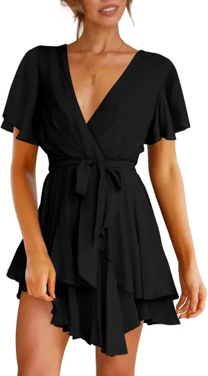 Cosonsen Women's Dress Deep V-Neck Long Sleeve Waist Tie Ruffle Mini Swing Skater Dresses