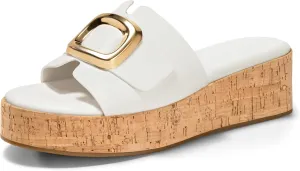 Coutgo Womens Platform Sandals Cork Beach Slip on Wedges Metal Buckle Slides Open Toe Summer Shoes