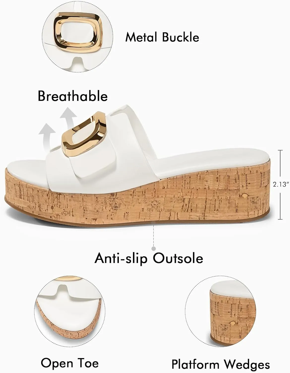 Coutgo Womens Platform Sandals Cork Beach Slip on Wedges Metal Buckle Slides Open Toe Summer Shoes