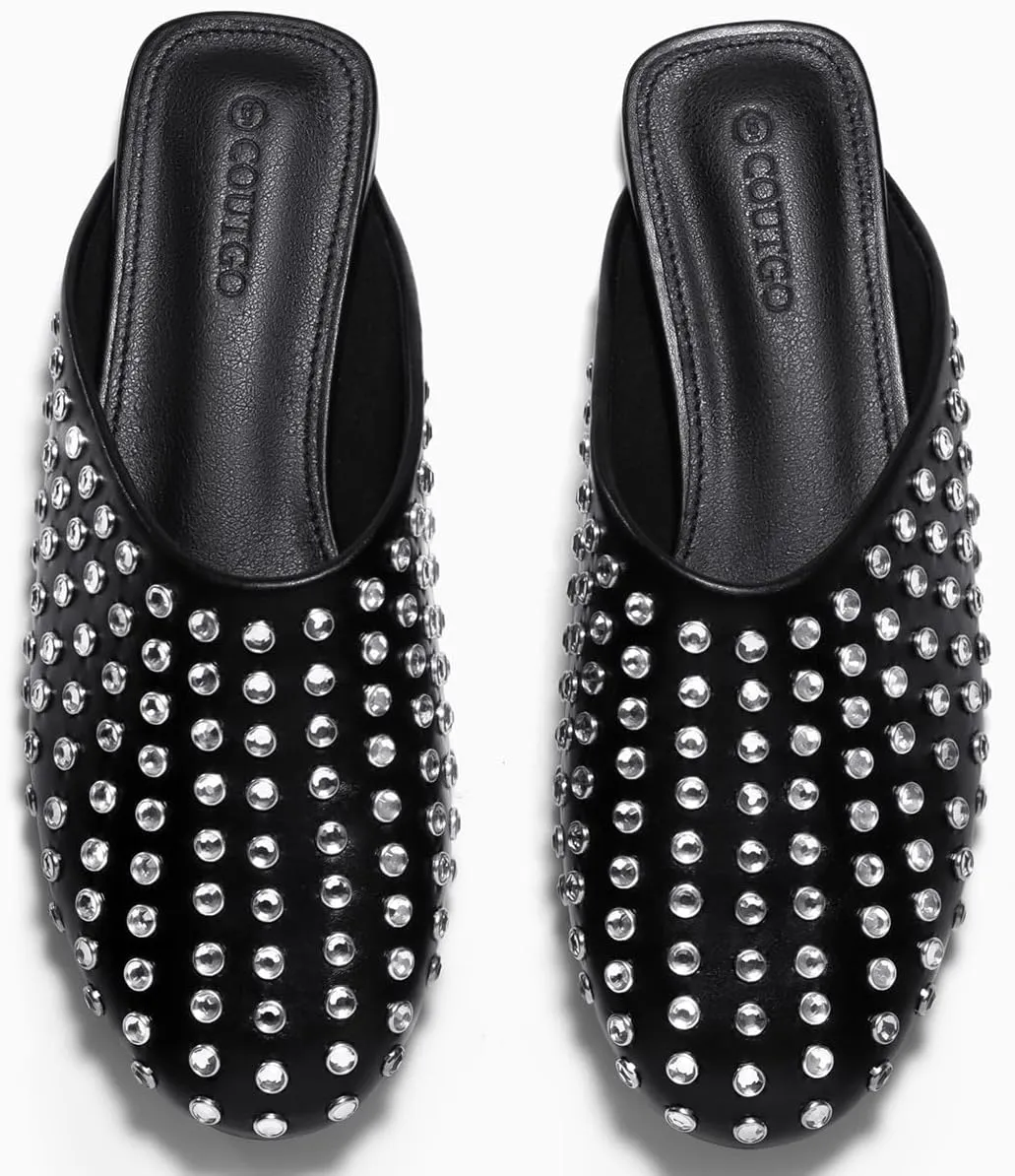 Coutgo Women's Rhinestone Mules Flats Sparkly Leather Slip On Shoes Slippers Comfortable Dress Backless Shoes