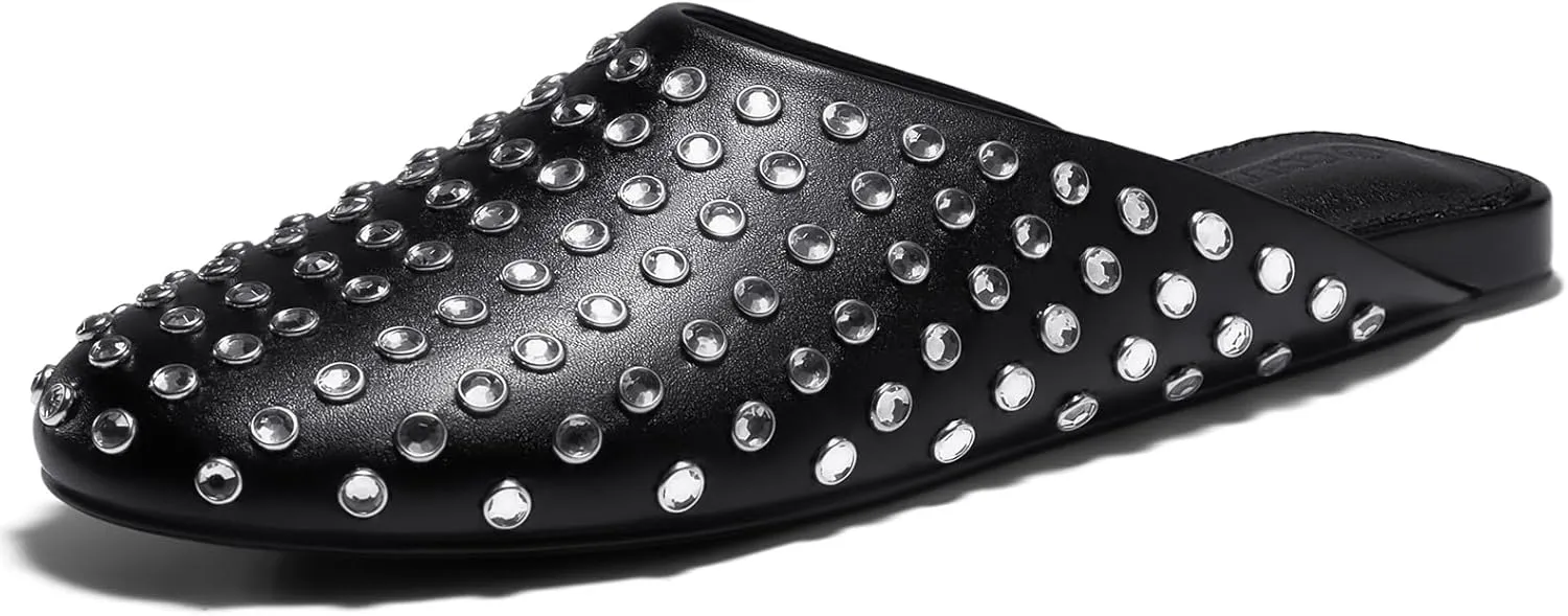 Coutgo Women's Rhinestone Mules Flats Sparkly Leather Slip On Shoes Slippers Comfortable Dress Backless Shoes
