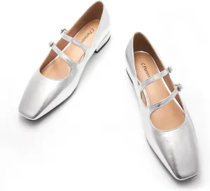 C.Paravano Women's Flats Mary Jane Flats Ballet Flats for Women Square Toe Block Heel Adjustable Straps Flat Fashion Casual Dressy Shoes