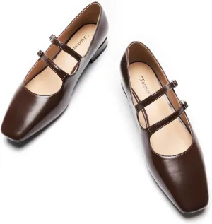 C.Paravano Women's Flats Mary Jane Flats Ballet Flats for Women Square Toe Block Heel Adjustable Straps Flat Fashion Casual Dressy Shoes