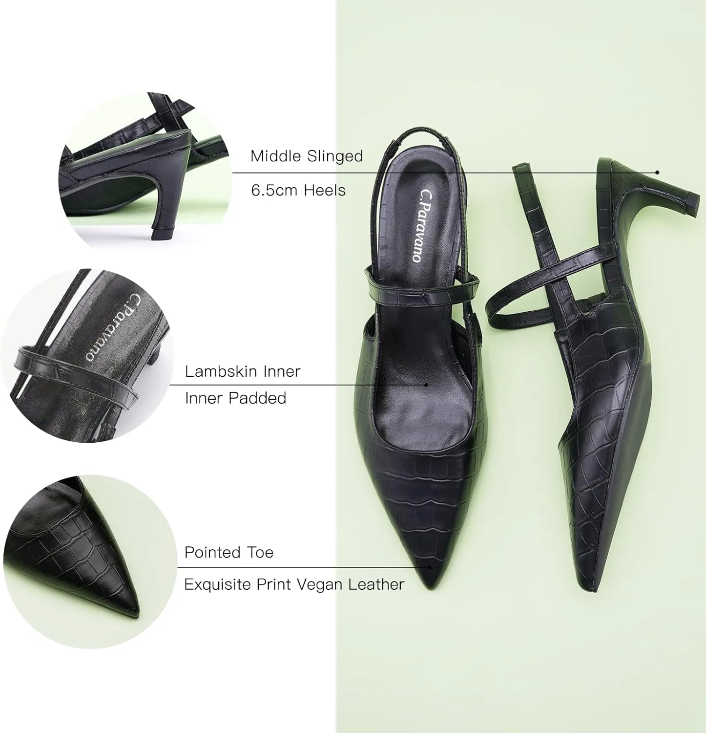C.Paravano Women's Slingback Flats & Heels - Pointed Toe, Ankle Strap, Comfortable Leather Dress Shoes