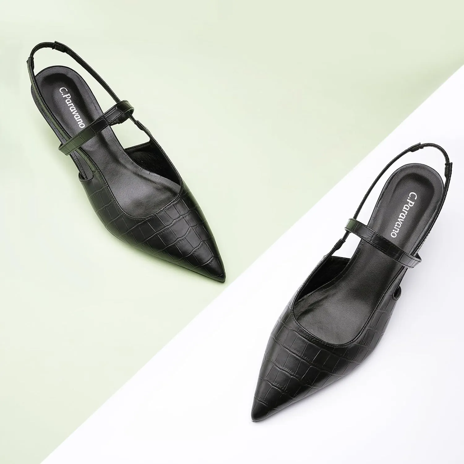 C.Paravano Women's Slingback Flats & Heels - Pointed Toe, Ankle Strap, Comfortable Leather Dress Shoes