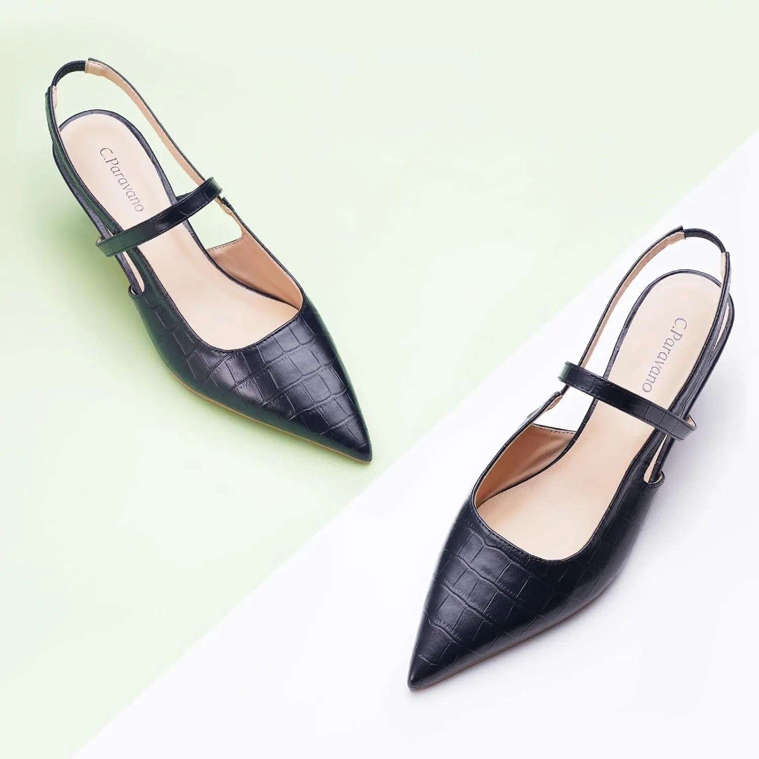 C.Paravano Women's Slingback Flats & Heels - Pointed Toe, Ankle Strap, Comfortable Leather Dress Shoes