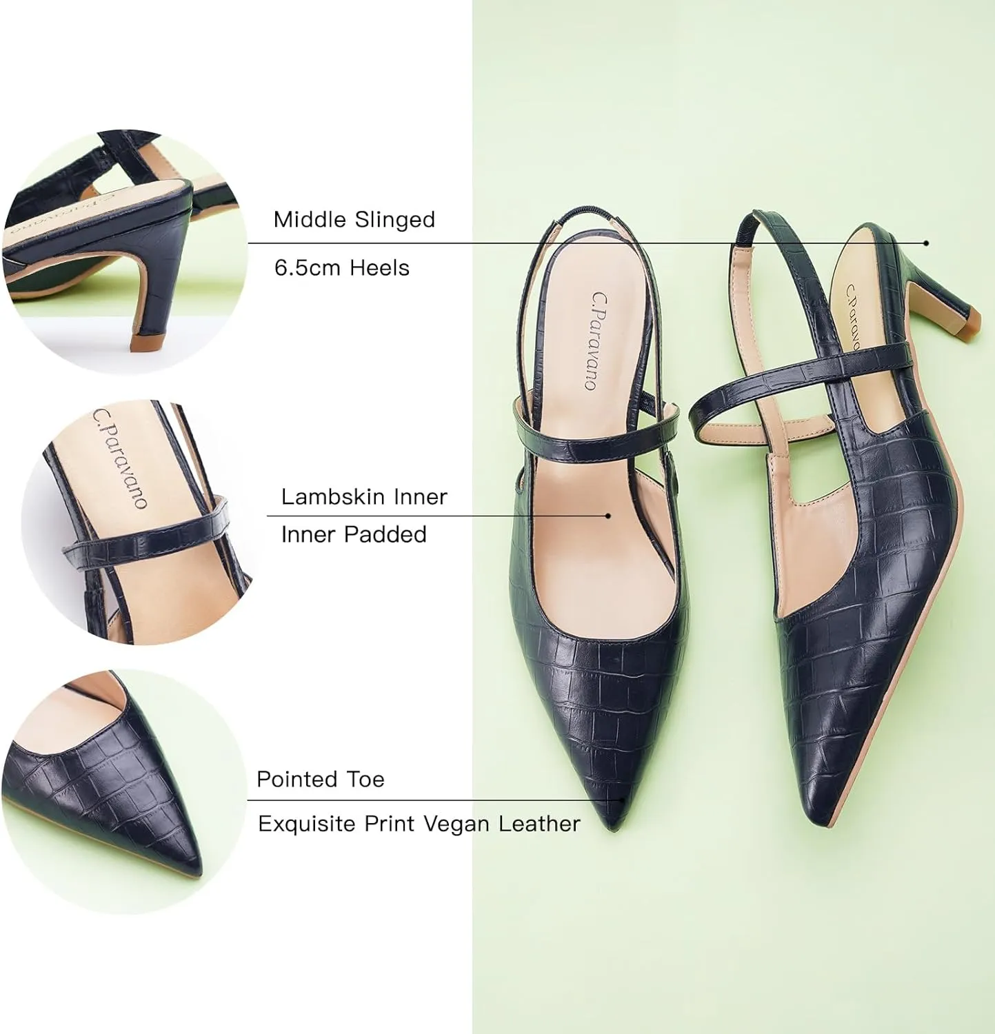 C.Paravano Women's Slingback Flats & Heels - Pointed Toe, Ankle Strap, Comfortable Leather Dress Shoes