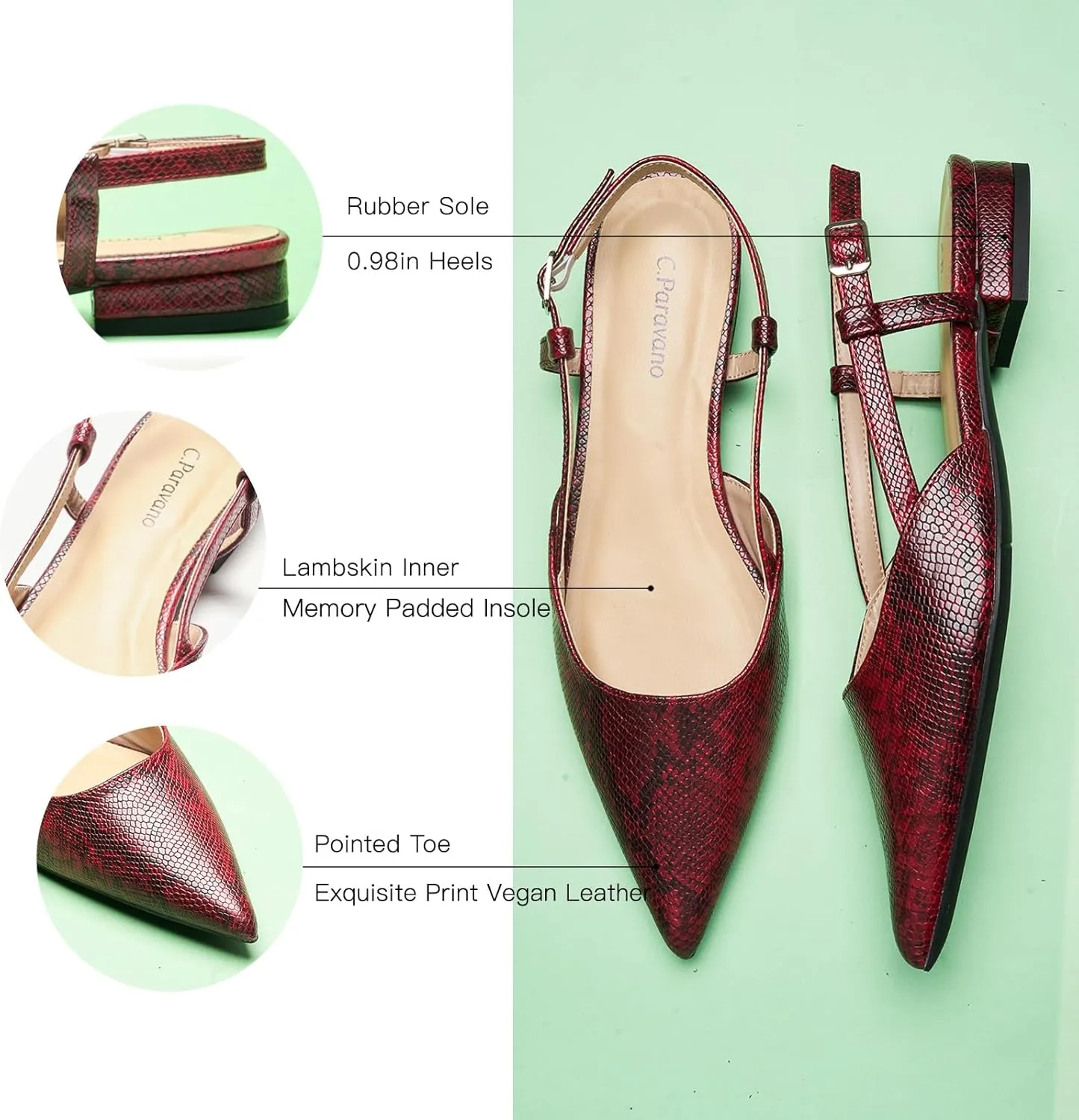C.Paravano Women's Slingback Flats Snakeskin Print Pointed Toe Slingback Flats for Women Slingback Sandals Adjustable Ankle Strap Shoes