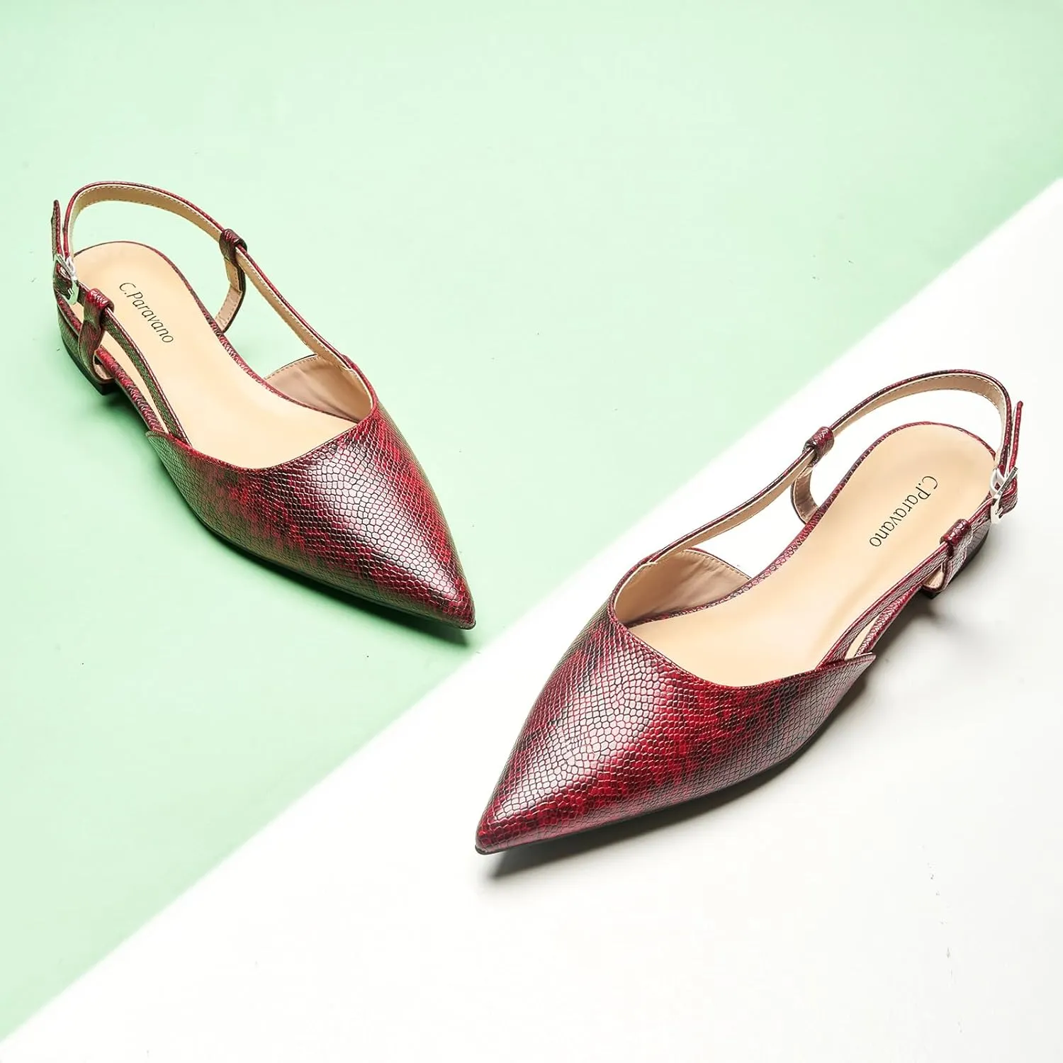 C.Paravano Women's Slingback Flats Snakeskin Print Pointed Toe Slingback Flats for Women Slingback Sandals Adjustable Ankle Strap Shoes
