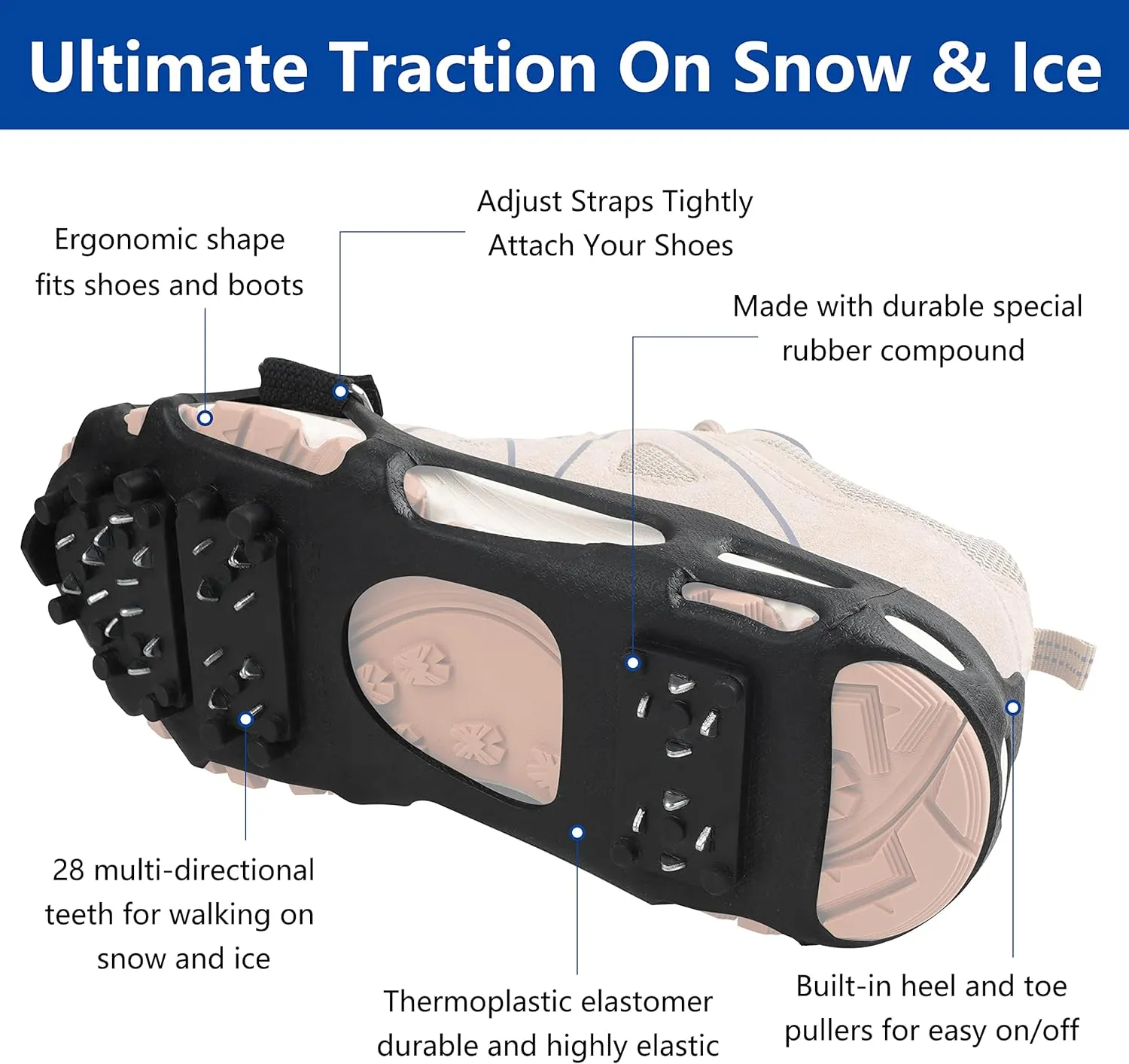 Crampons Ice Cleats Snow Traction Cleats for Shoes and Boots Anti-Slip Walk Traction Ice Grippers for Walking on Snow & Ice, 24 Studs Stretch Rubber Footwear