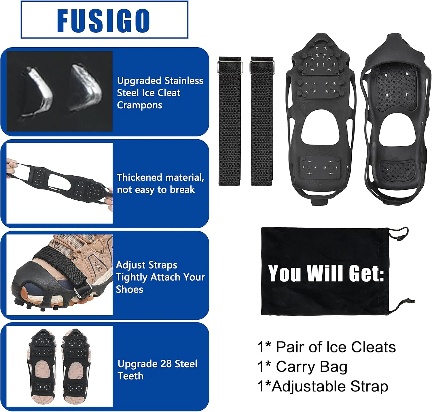 Crampons Ice Cleats Snow Traction Cleats for Shoes and Boots Anti-Slip Walk Traction Ice Grippers for Walking on Snow & Ice, 24 Studs Stretch Rubber Footwear