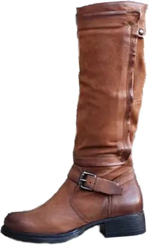 Ctreela Slouch Riding Boots Vintage Side Zipper Motorcycle Boots Winter Retro Round Toe Combat Boots Knee High Work Booties