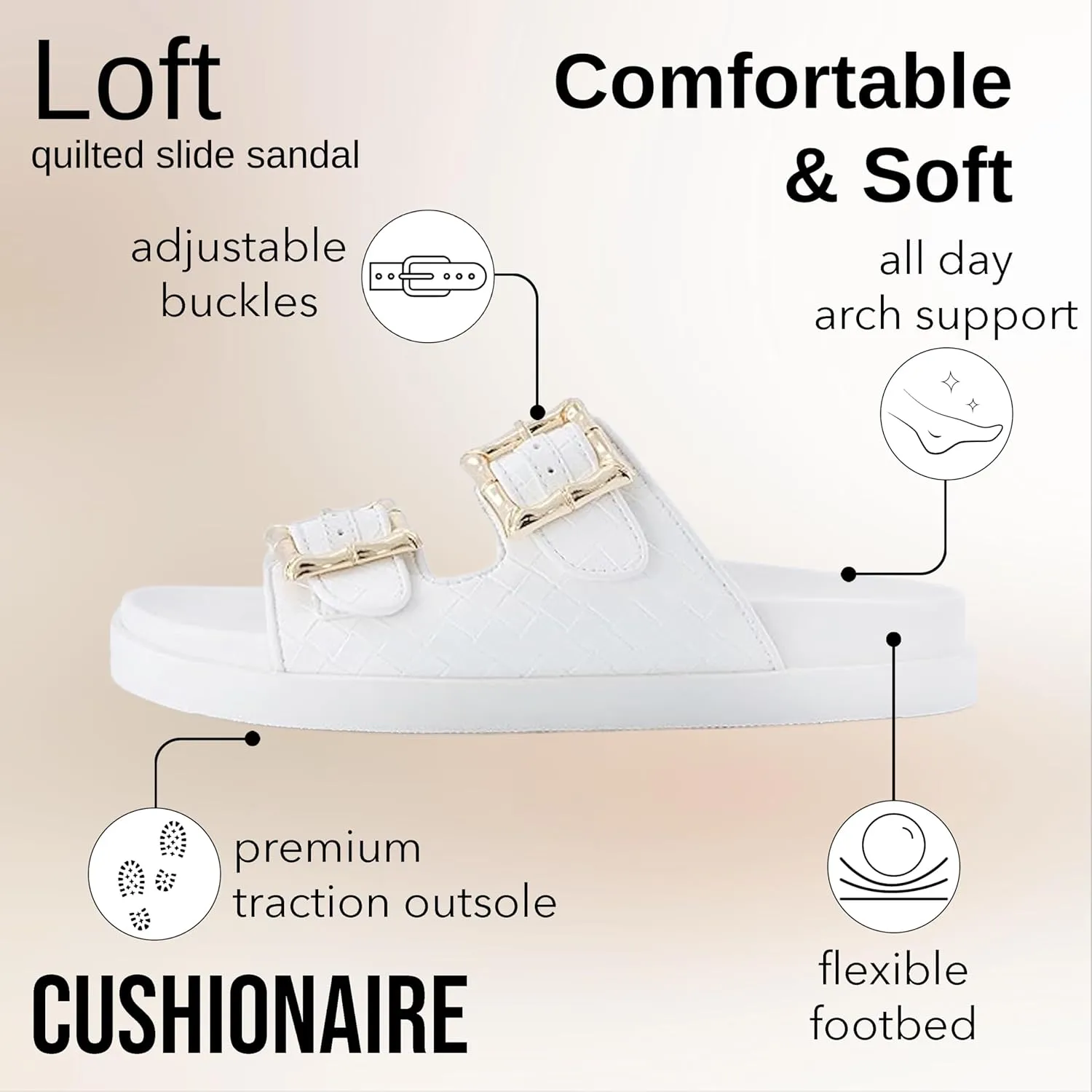 CUSHIONAIRE Loft Women's Quilted Slide Sandal With Cushioned Footbed and Adjustable Buckles