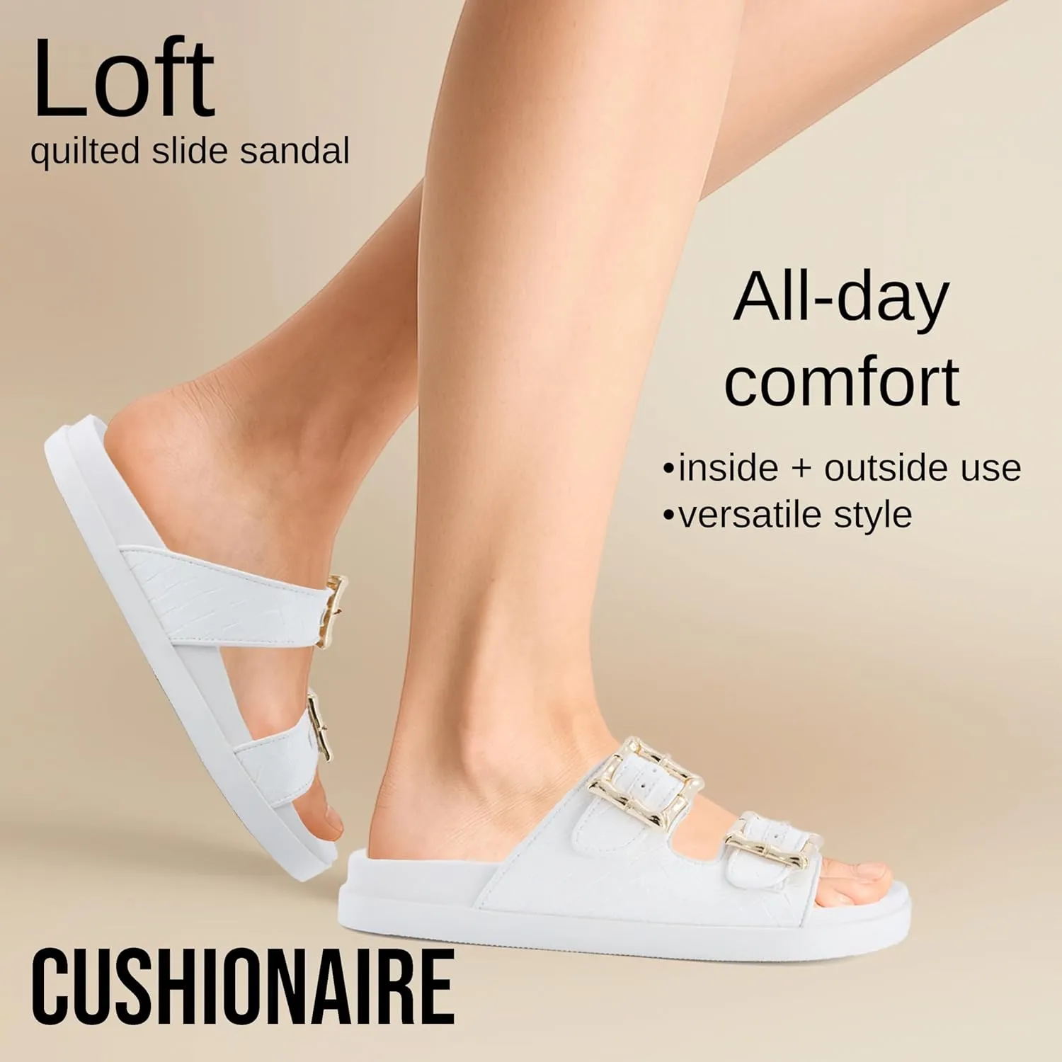 CUSHIONAIRE Loft Women's Quilted Slide Sandal With Cushioned Footbed and Adjustable Buckles