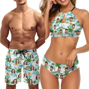 Custom Face Couple Matching Swimwear Personalized Bikini Set Swim Shorts High Waisted Bikini Swimsuit Bathing Suit for Gift