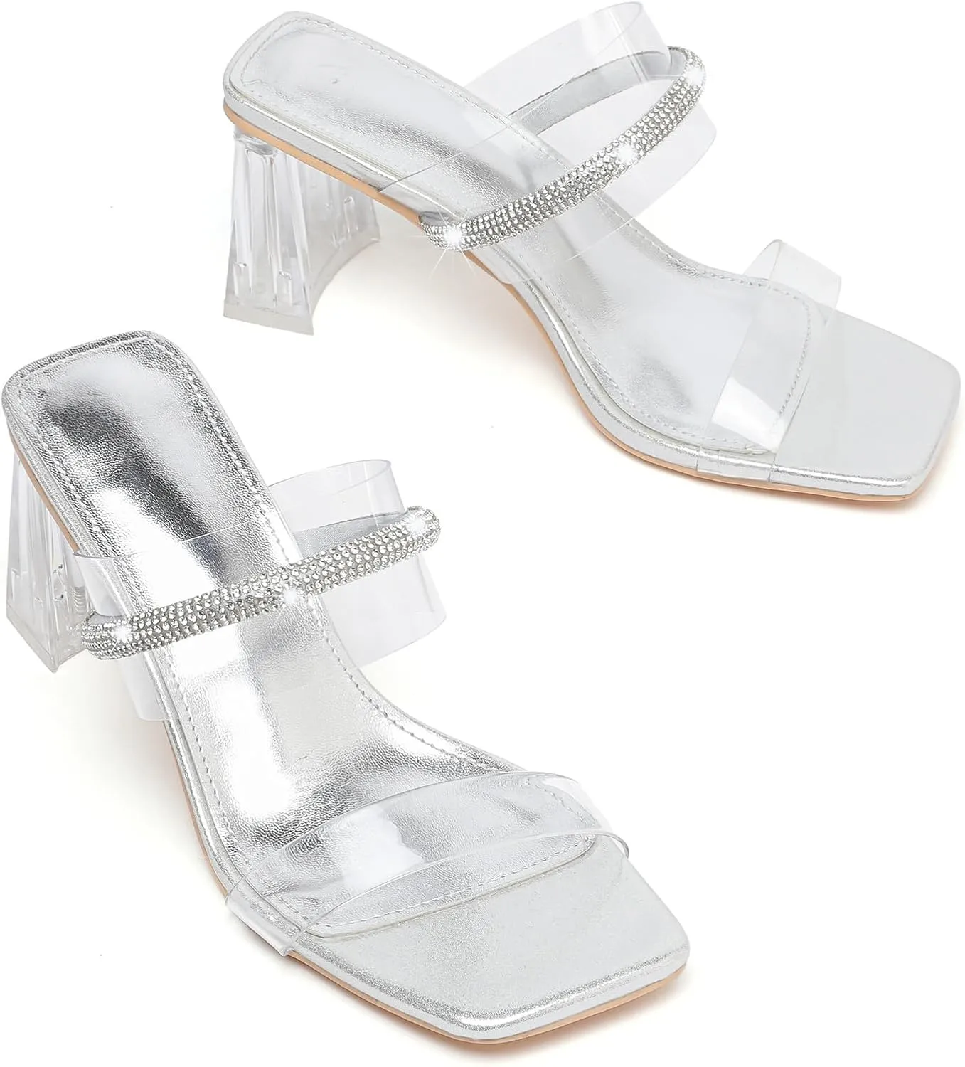 DADAWEN Women's Square Toe Clear Two Strap Open Toe Low Block Chunky Slip on Heels Sandals for Women Dressy