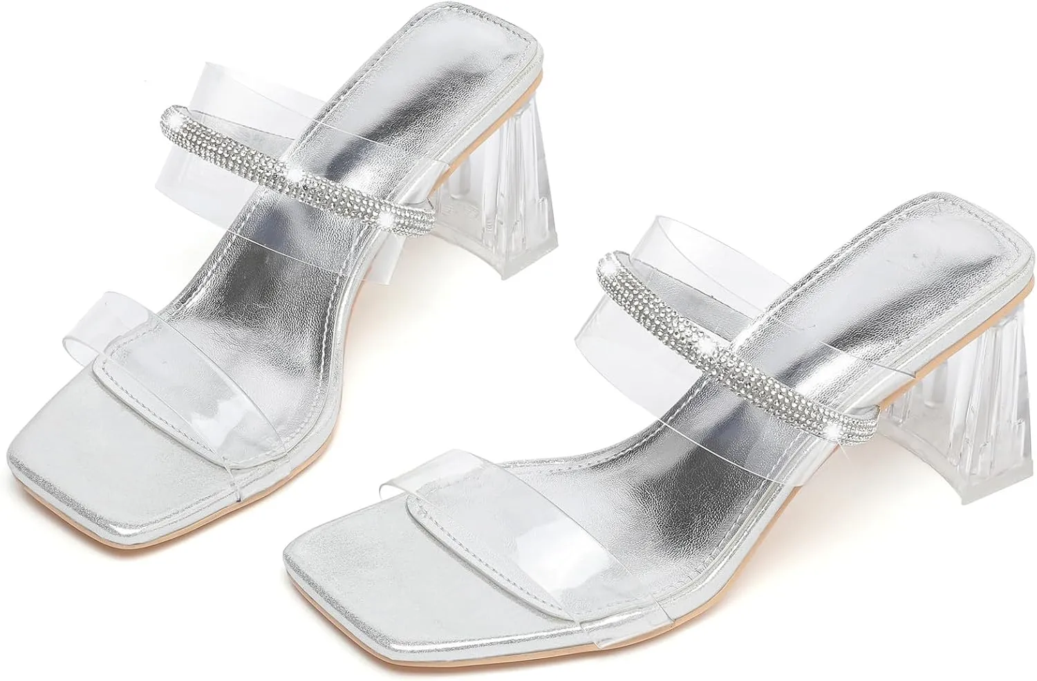 DADAWEN Women's Square Toe Clear Two Strap Open Toe Low Block Chunky Slip on Heels Sandals for Women Dressy