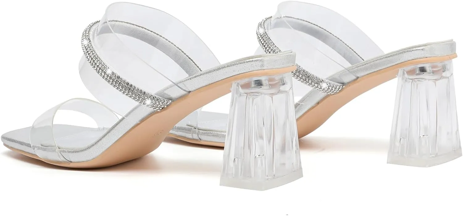 DADAWEN Women's Square Toe Clear Two Strap Open Toe Low Block Chunky Slip on Heels Sandals for Women Dressy